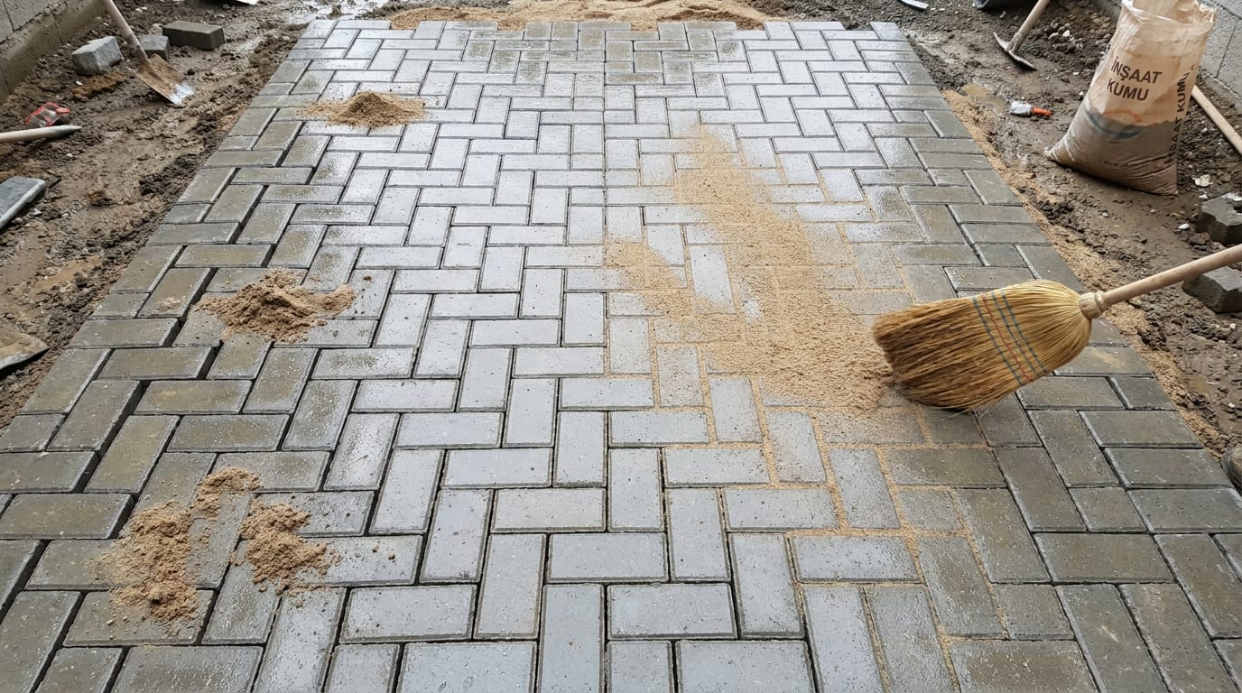 Döşenmiş parke taşlarının derzlerine süpürülen ince kum; yarısı dolu, yarısı açık