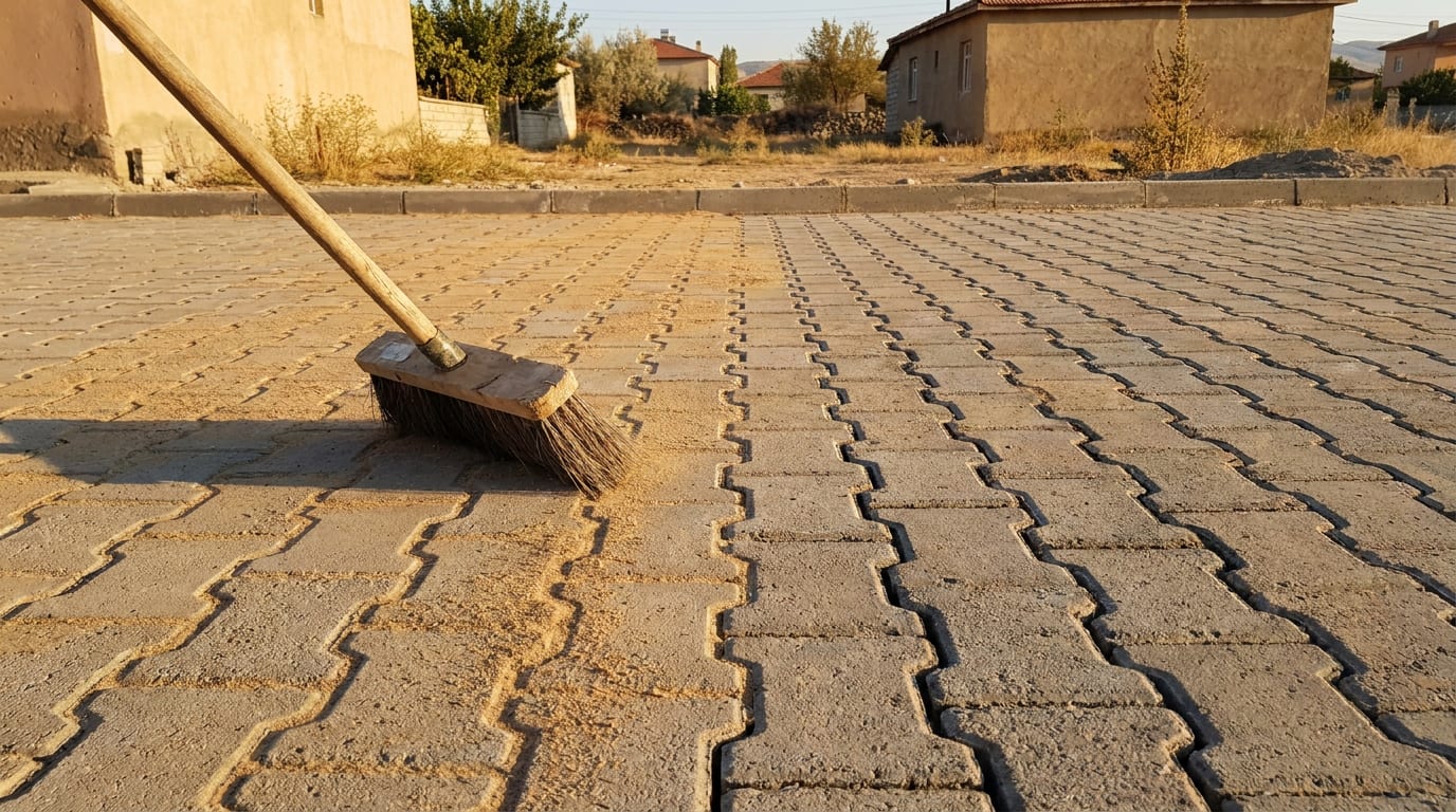 Döşenmiş parke taşlarının derzlerine süpürülen ince kum; yarısı dolu, yarısı açık
