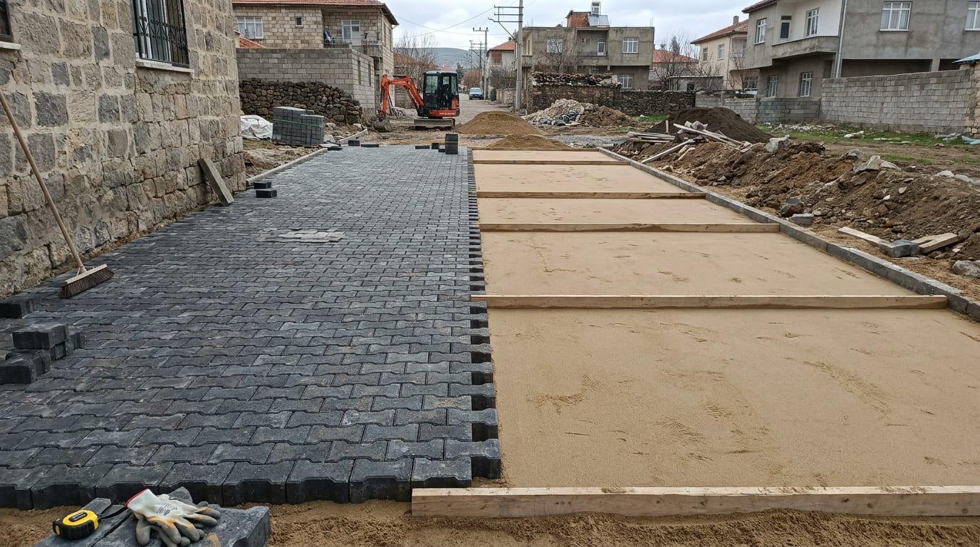 Döşeme cephesi: bir yanda serilmiş taşlar, diğer yanda mastarlanmış kum ve mastar lataları