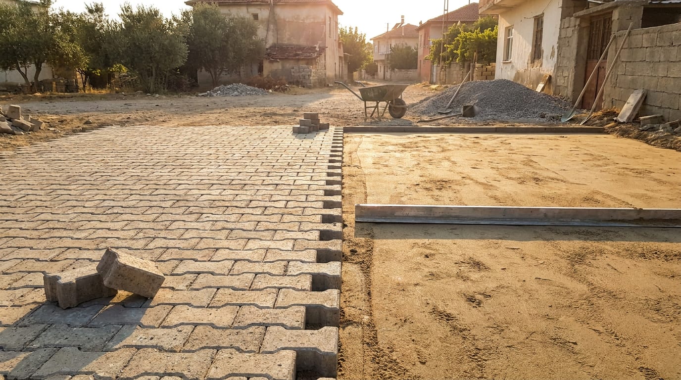 Döşeme cephesi: bir yanda serilmiş taşlar, diğer yanda mastarlanmış kum ve mastar lataları