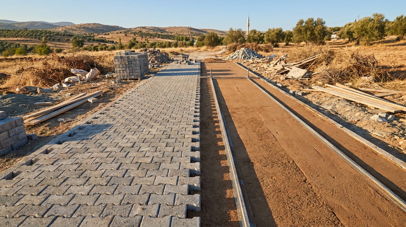 Döşeme cephesi: bir yanda serilmiş taşlar, diğer yanda mastarlanmış kum ve mastar lataları