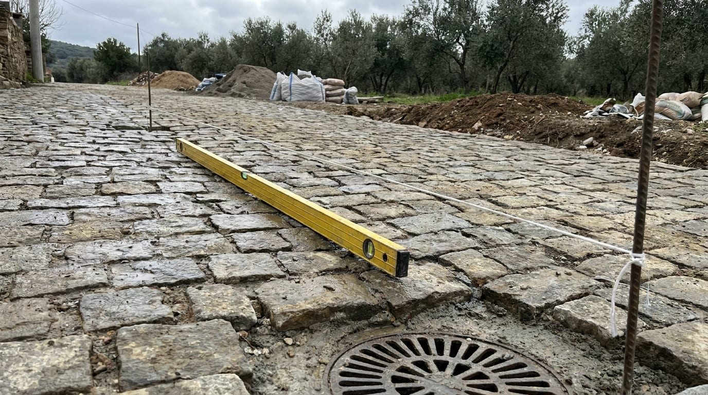 Eğimli parke yüzeyinde uzun su terazisi ve gerili ip; yüksek taraftan süzeğe düşüş