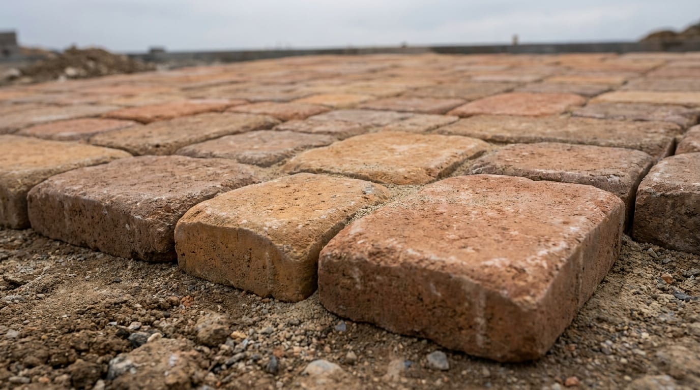 Kenarları yuvarlatılmış eskitme parke taşları, düzensiz sıra ve sıcak toprak tonları