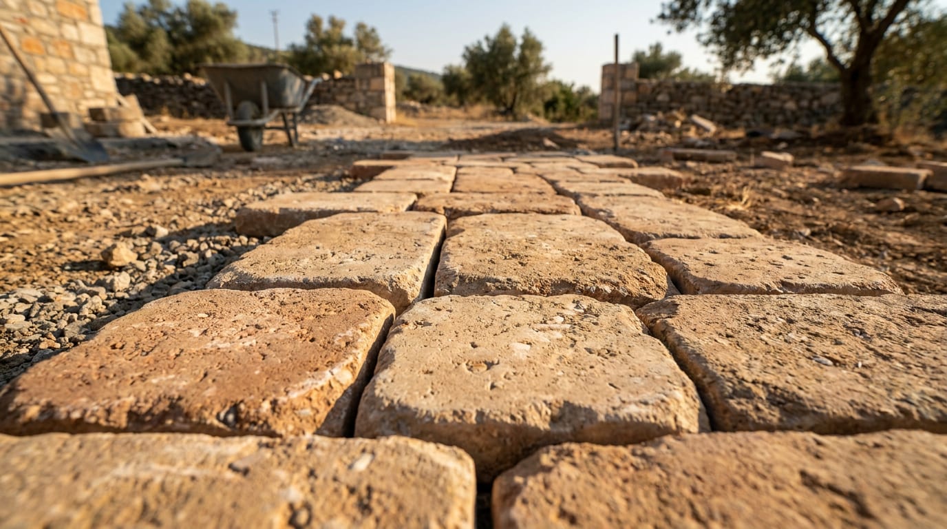 Kenarları yuvarlatılmış eskitme parke taşları, düzensiz sıra ve sıcak toprak tonları