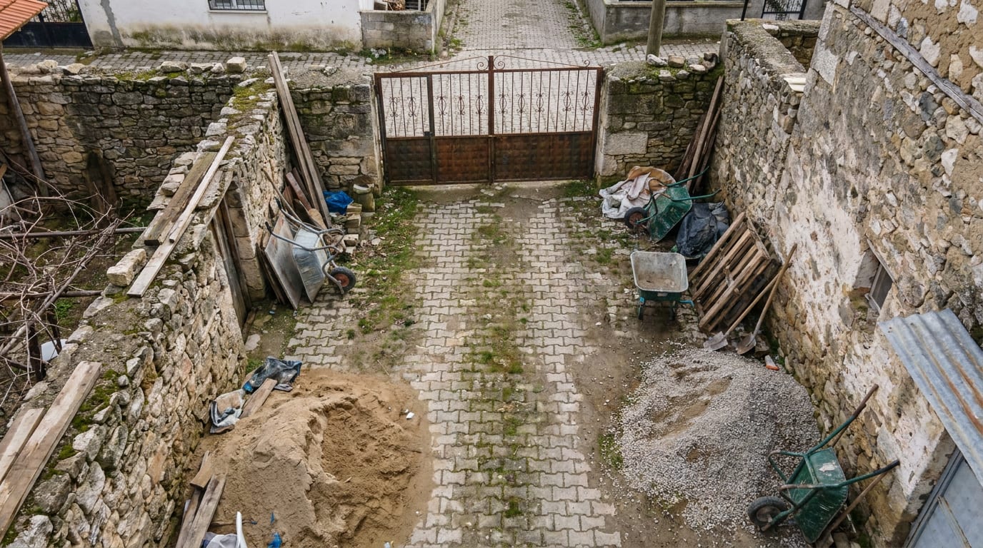 Bahçe kapısına uzanan, parke taşıyla döşenmiş dar yan geçit