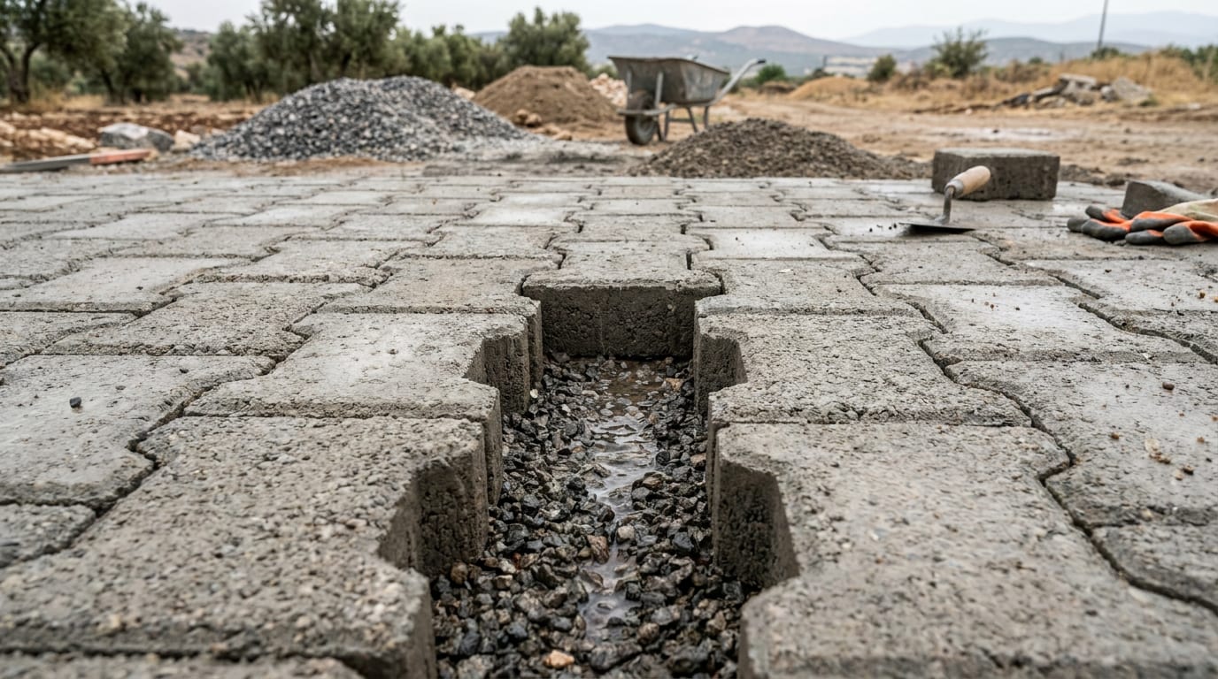 Geçirimli parkenin açık derzleri yakın çekimde; su taşların arasına iniyor