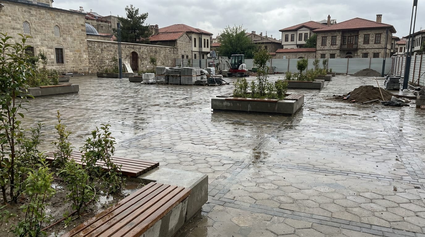 Geniş bir kamu avlusunda geometrik parke döşeme; aralara oturma ve bitki adaları girmiş