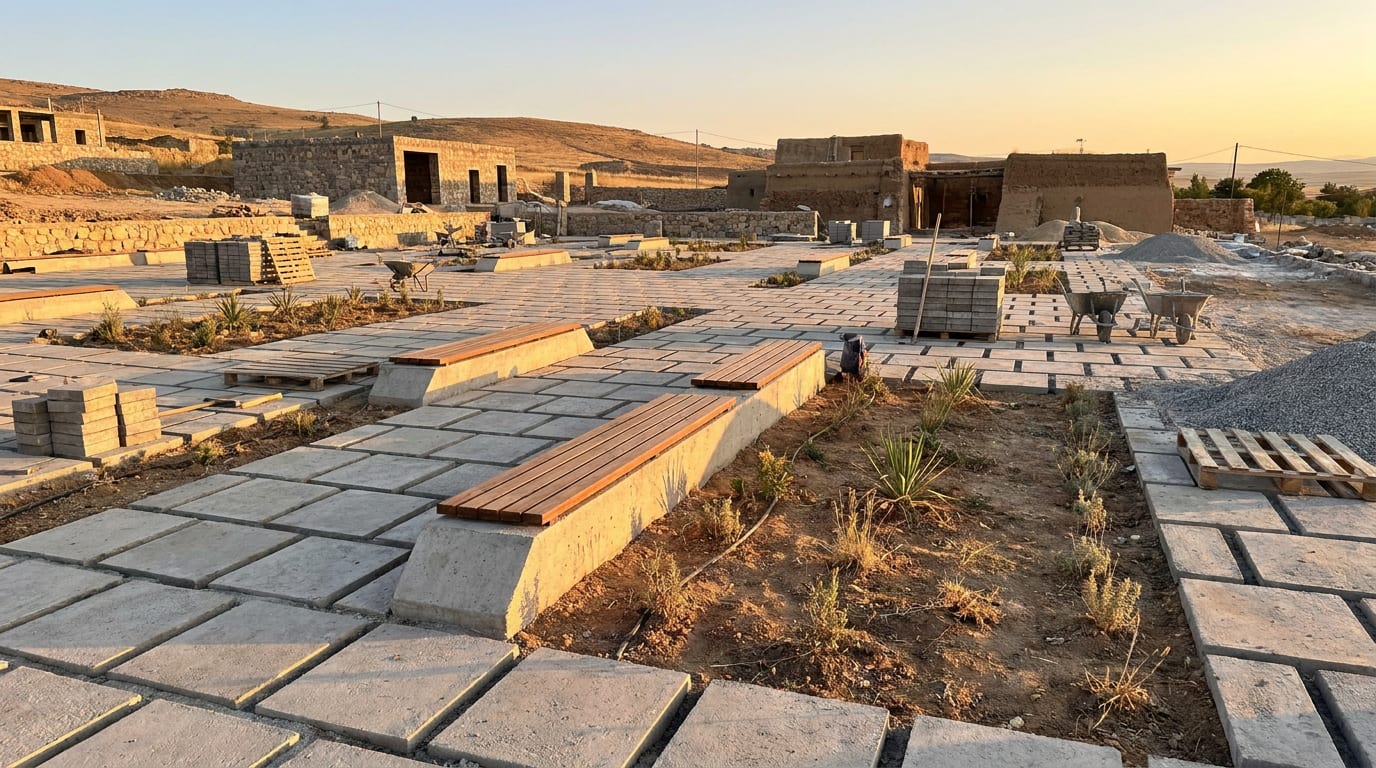 Geniş bir kamu avlusunda geometrik parke döşeme; aralara oturma ve bitki adaları girmiş