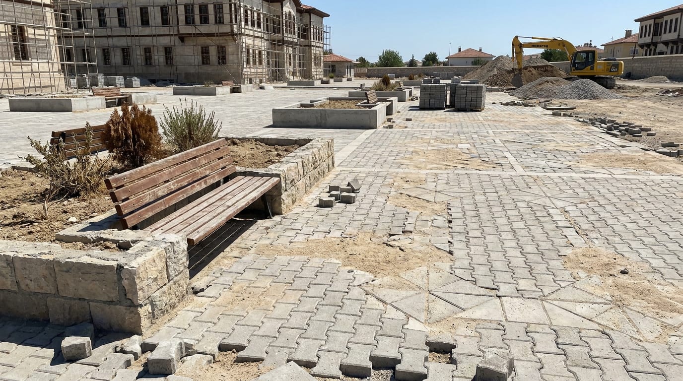 Geniş bir kamu avlusunda geometrik parke döşeme; aralara oturma ve bitki adaları girmiş