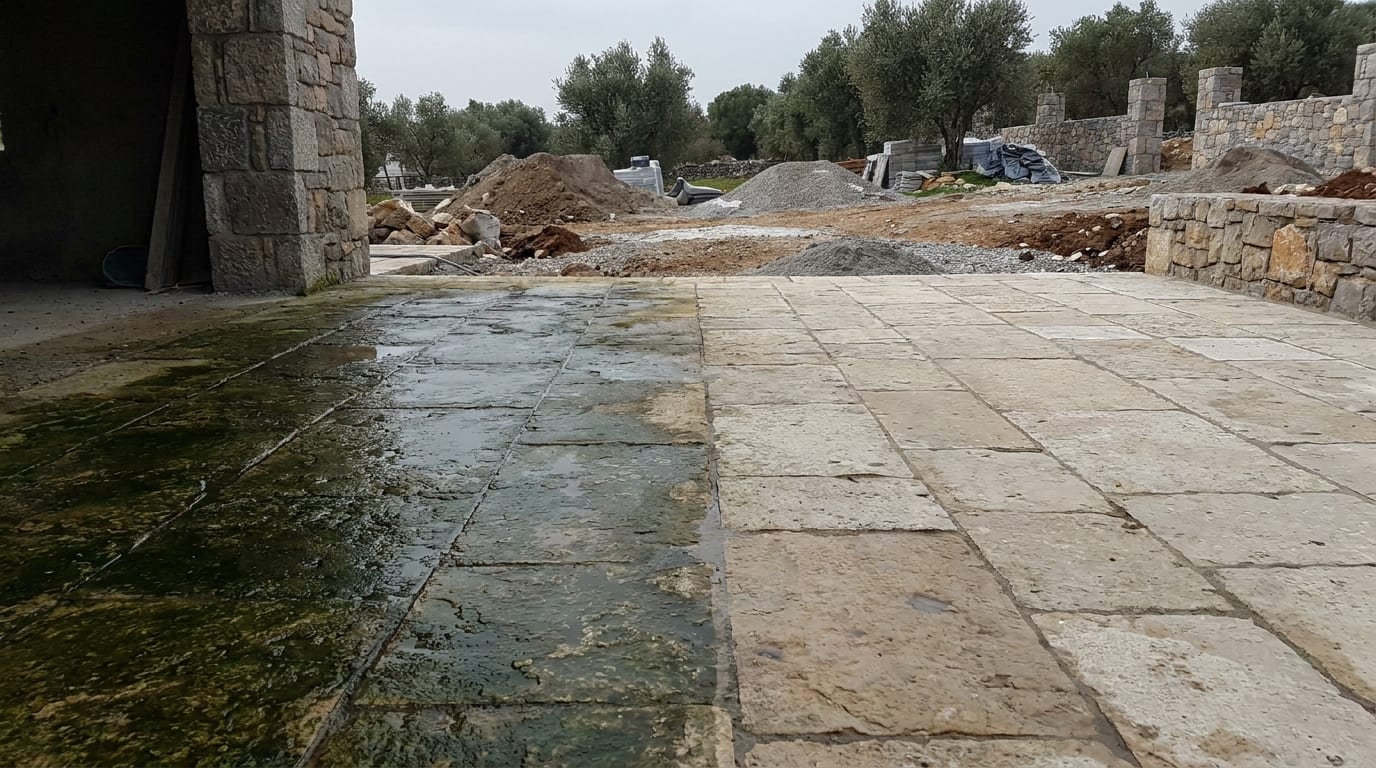 Gölgede kalan parke bölümünde yeşil yosun tabakası; yanındaki güneşli bölüm temiz