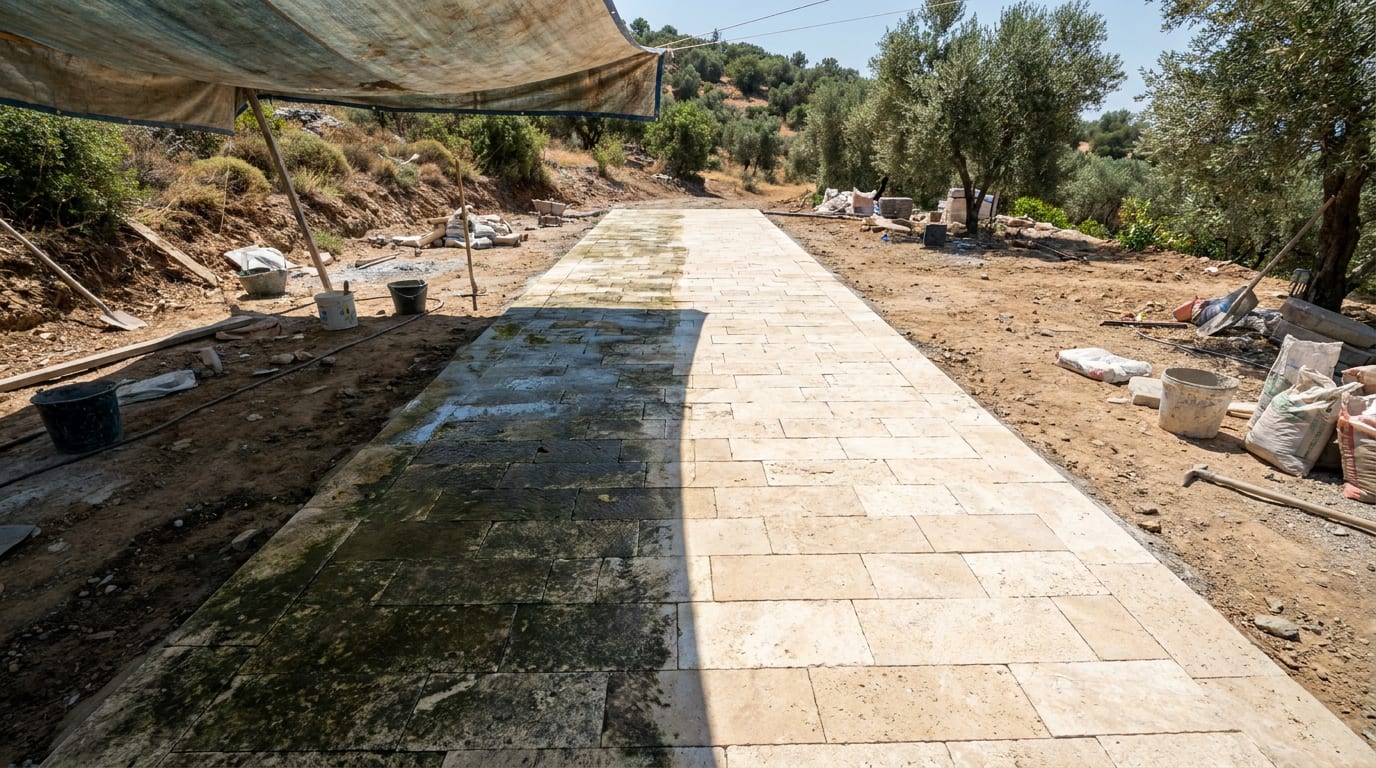 Gölgede kalan parke bölümünde yeşil yosun tabakası; yanındaki güneşli bölüm temiz