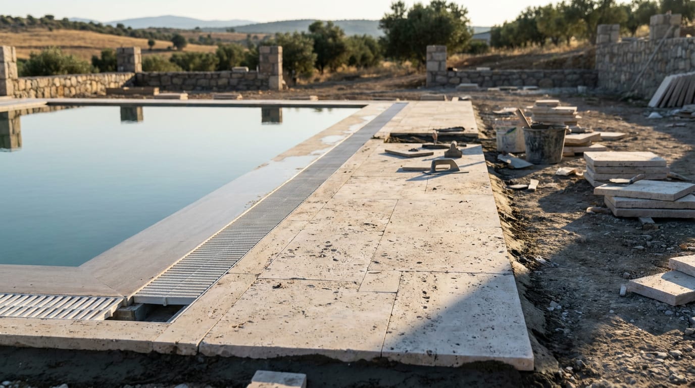 Havuz çevresinde açık renk kaymaz plaka döşeme; kenarda drenaj kanalı