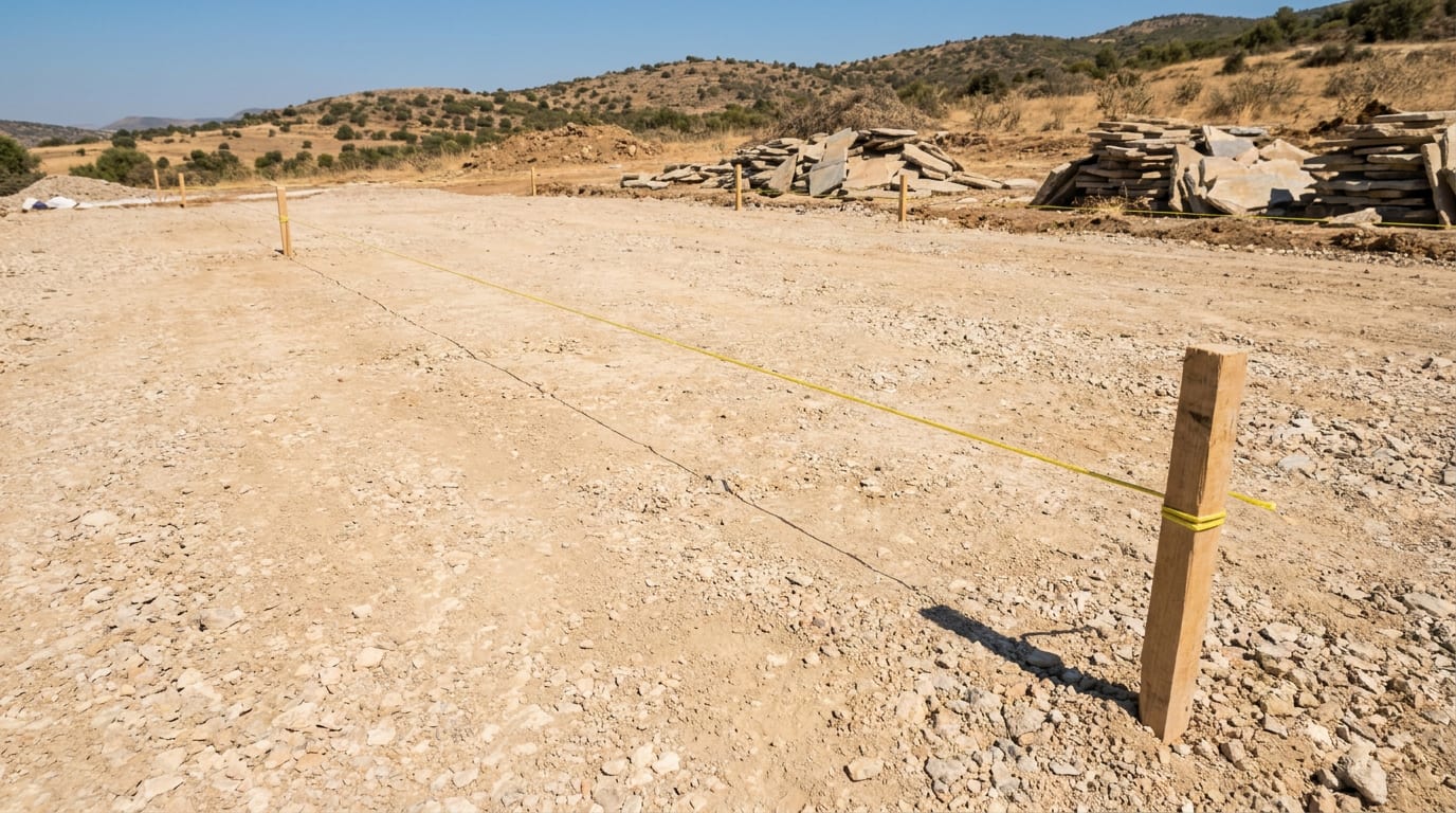 Hazırlanmış zemine gerilmiş ip hattı ve kot kazıkları; bitmiş döşeme seviyesini işaretliyor