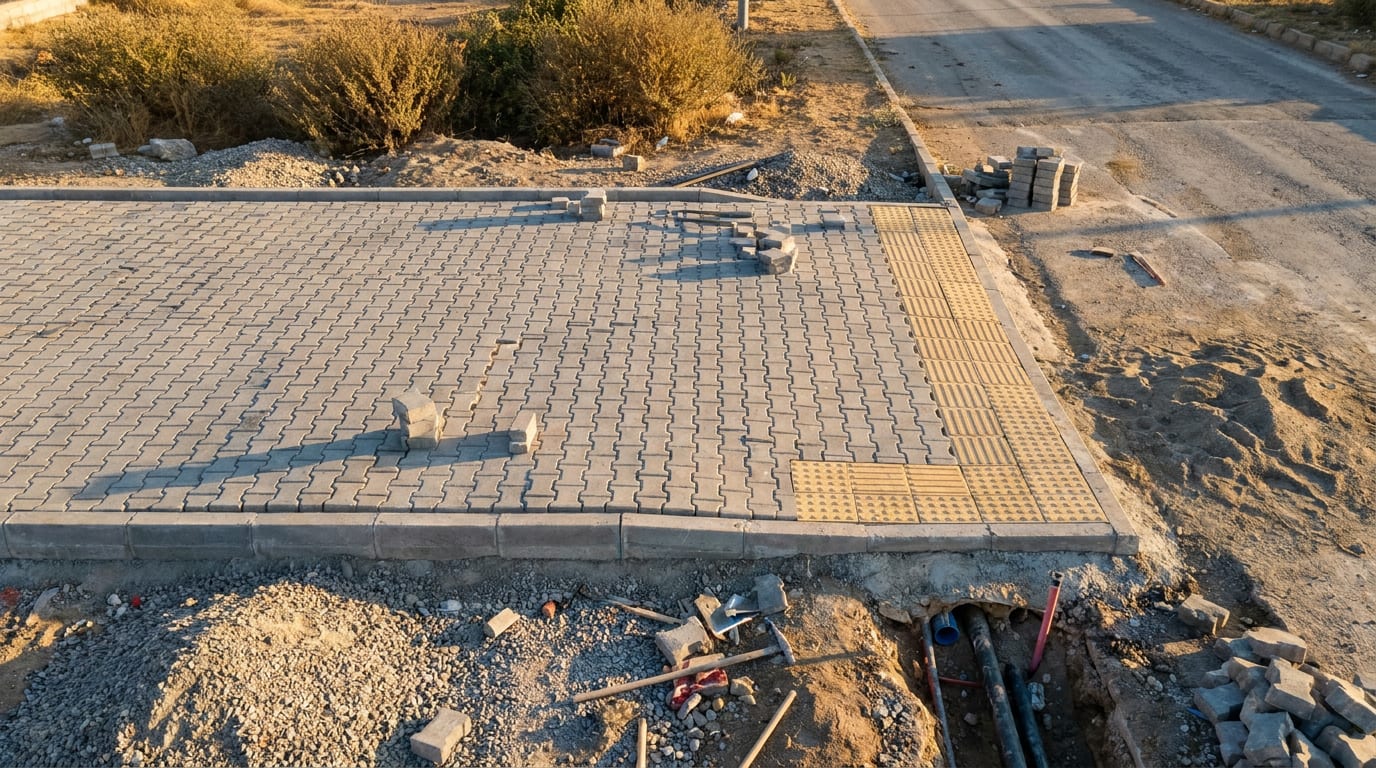 Sokak boyunca gri beton plaka kaldırım; bordür hattı ve geçişte hissedilebilir şerit