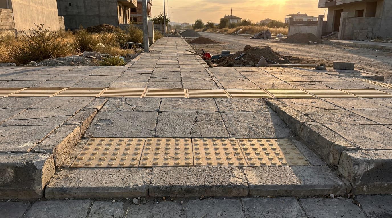 Sokak boyunca gri beton plaka kaldırım; bordür hattı ve geçişte hissedilebilir şerit