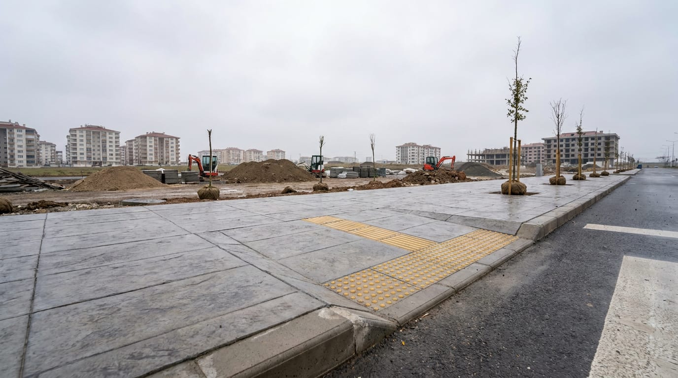 Sokak boyunca gri beton plaka kaldırım; bordür hattı ve geçişte hissedilebilir şerit