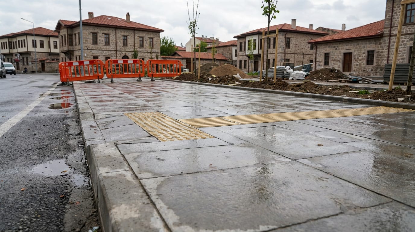 Sokak boyunca gri beton plaka kaldırım; bordür hattı ve geçişte hissedilebilir şerit