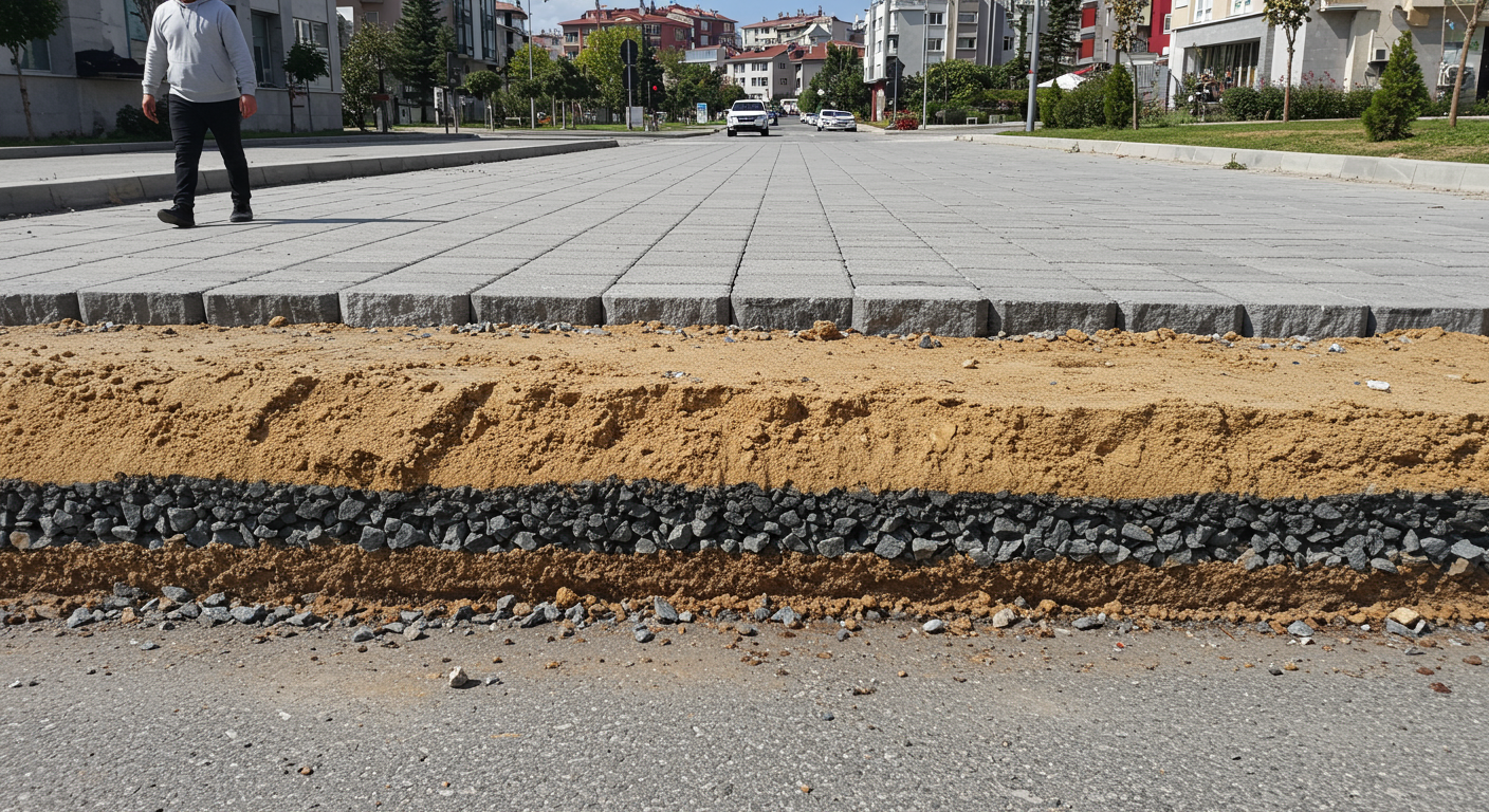 Kilit taşı altına serilen katmanların kesit görünümü