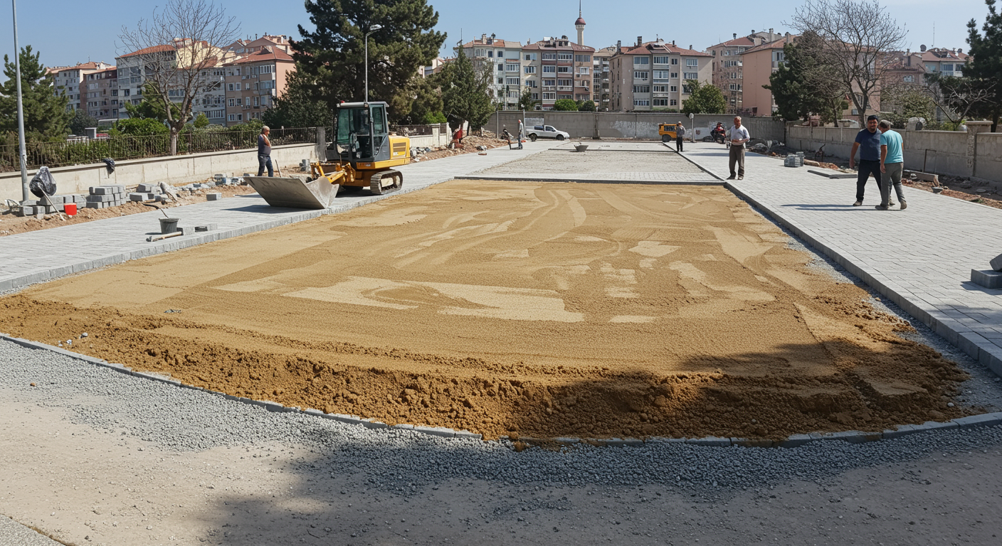 Kilit taşı için yatak katmanı kum ve taş tozu uygulaması