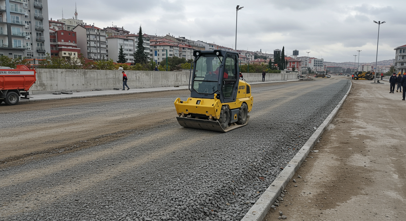 Kilit taşı zemininin plaka kompaktör ile sıkıştırılması