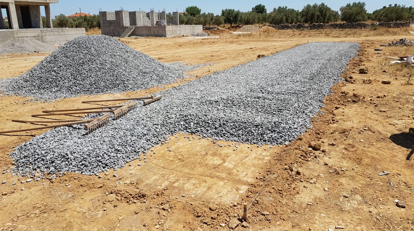 Hazırlanmış zemine serilen köşeli kırmataşın tırmıkla düzeltilmesi, yanında yığın