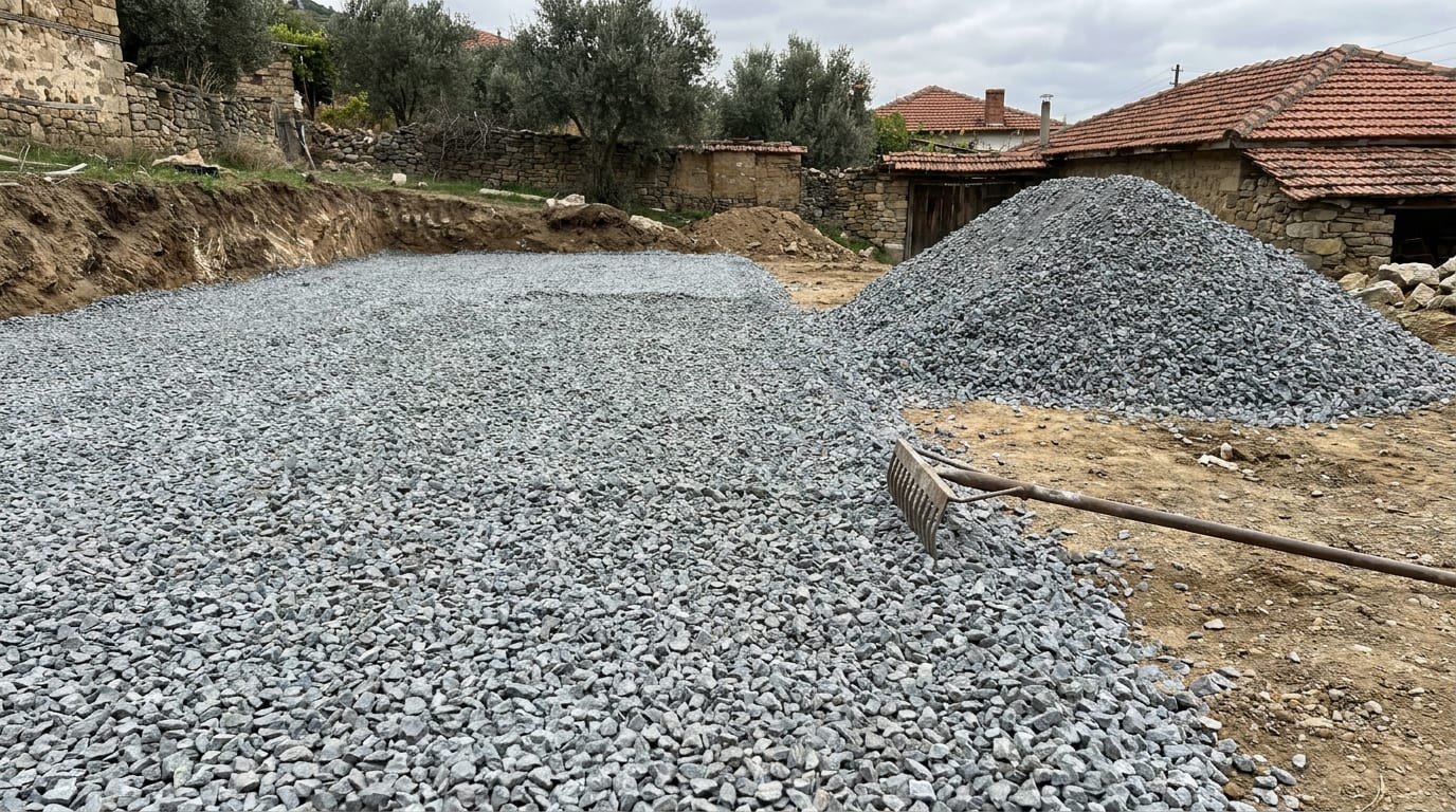 Hazırlanmış zemine serilen köşeli kırmataşın tırmıkla düzeltilmesi, yanında yığın