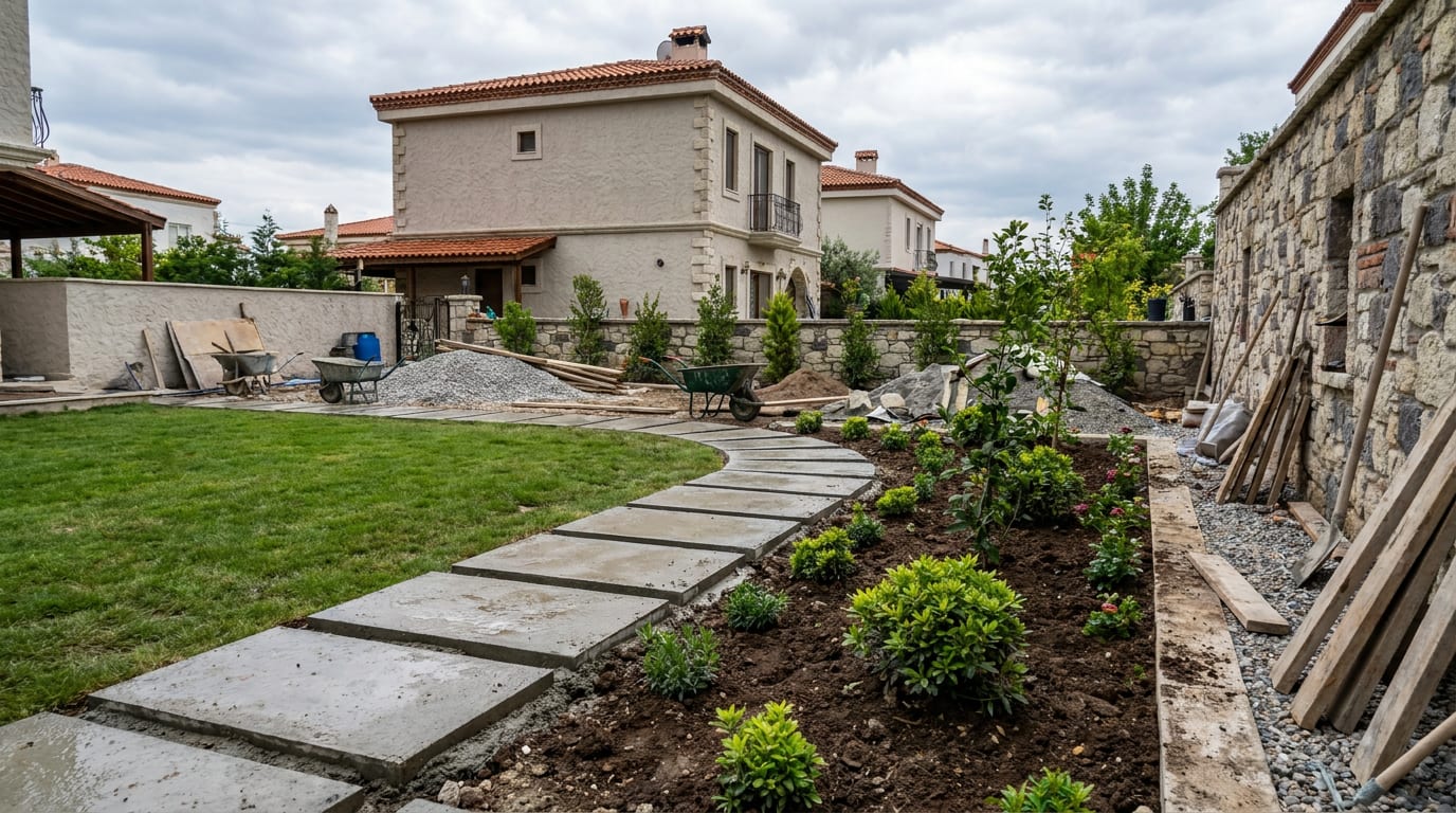 Çim ve bitki şeritleri arasında parke taşıyla tamamlanmış konut bahçesi