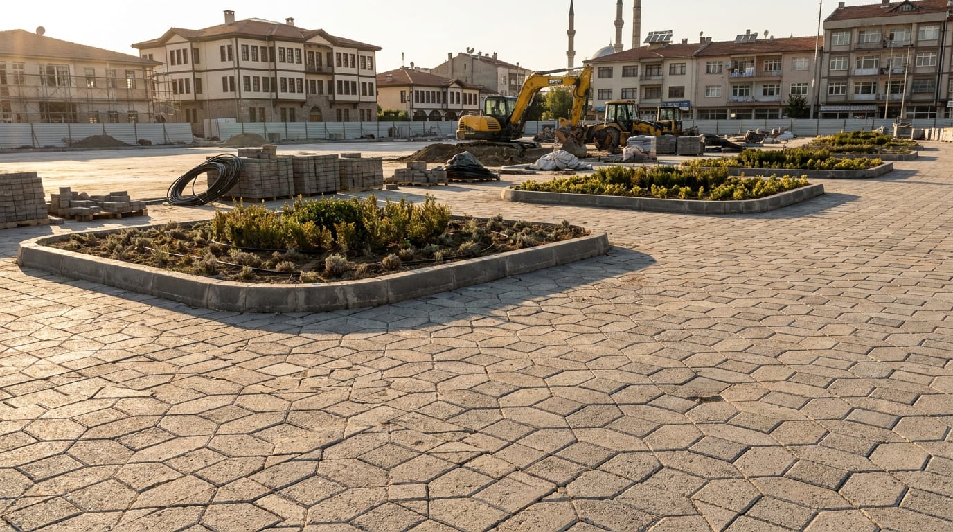Geometrik düzende parke döşenmiş geniş meydan ve bordürlü bitki adaları