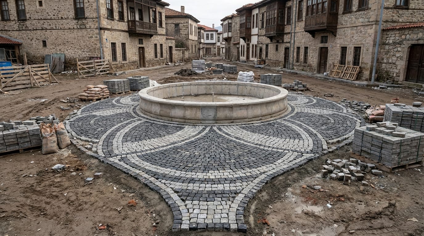 Ortadaki havuzdan dışa açılan yelpaze desenli meydan döşemesi