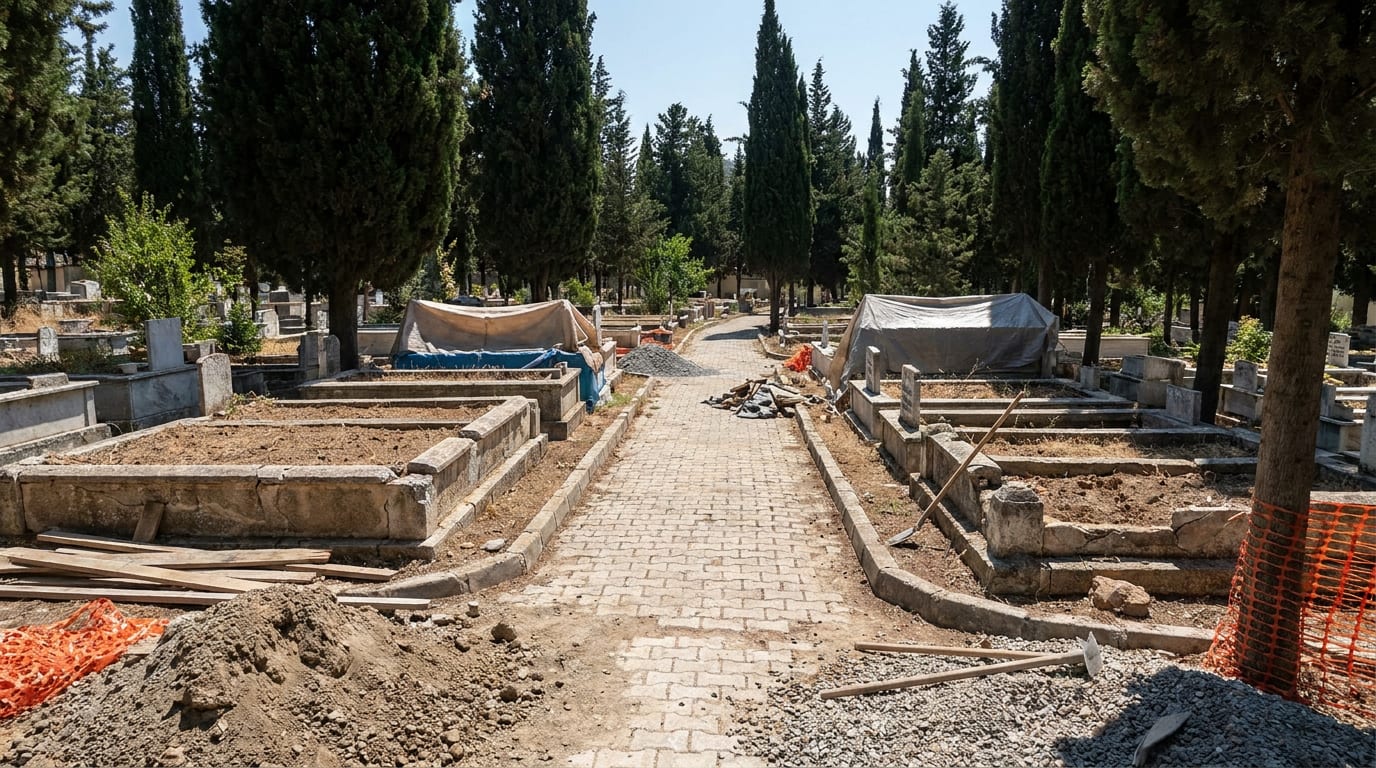 Bordürlü parseller ve serviler arasından geçen parke taşı mezarlık yolu