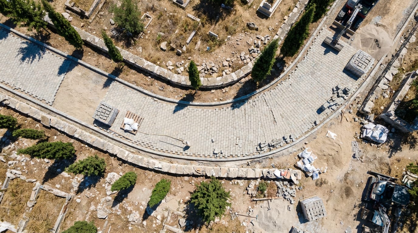 Bordürlü parseller ve serviler arasından geçen parke taşı mezarlık yolu