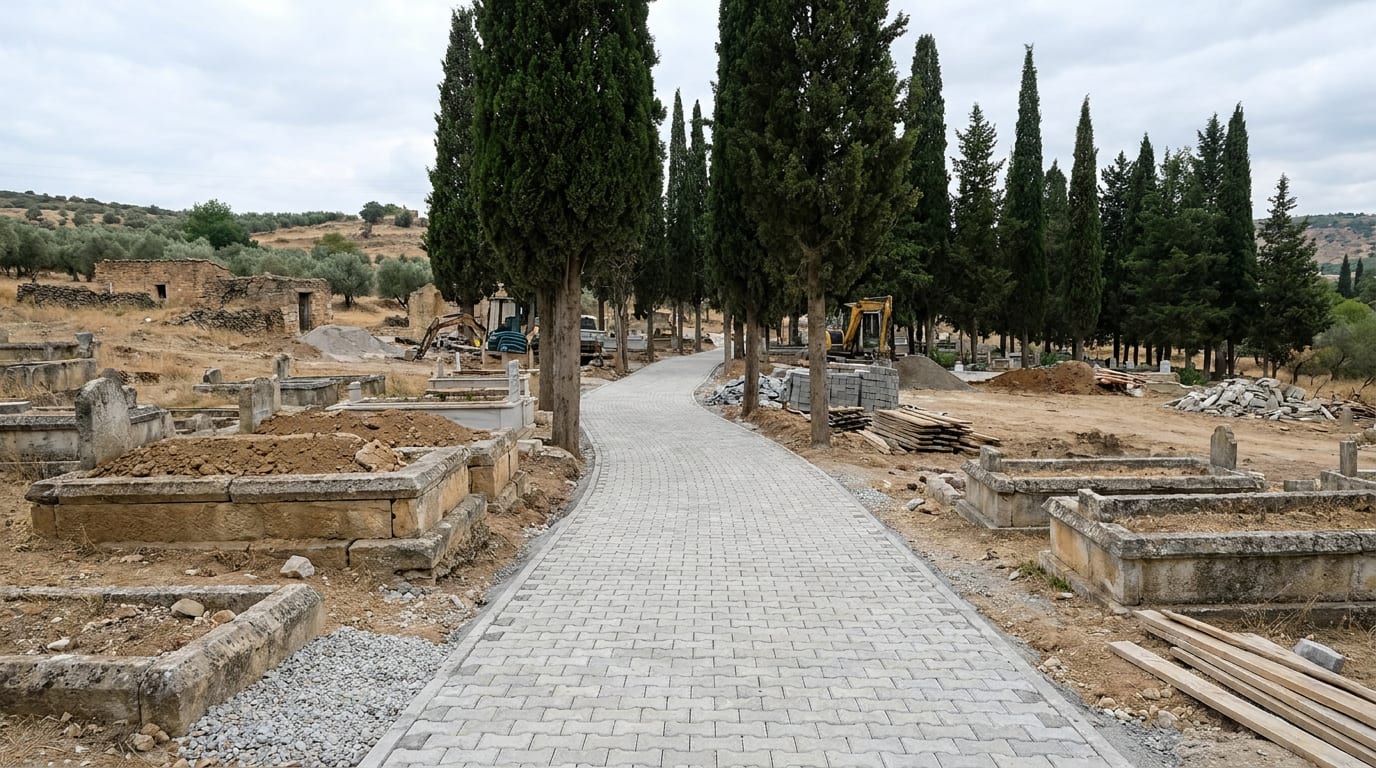 Bordürlü parseller ve serviler arasından geçen parke taşı mezarlık yolu