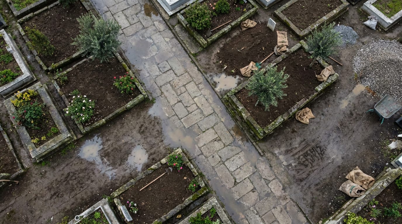 Bitkili parseller ve alçak bordürler arasından geçen parke mezarlık yolu