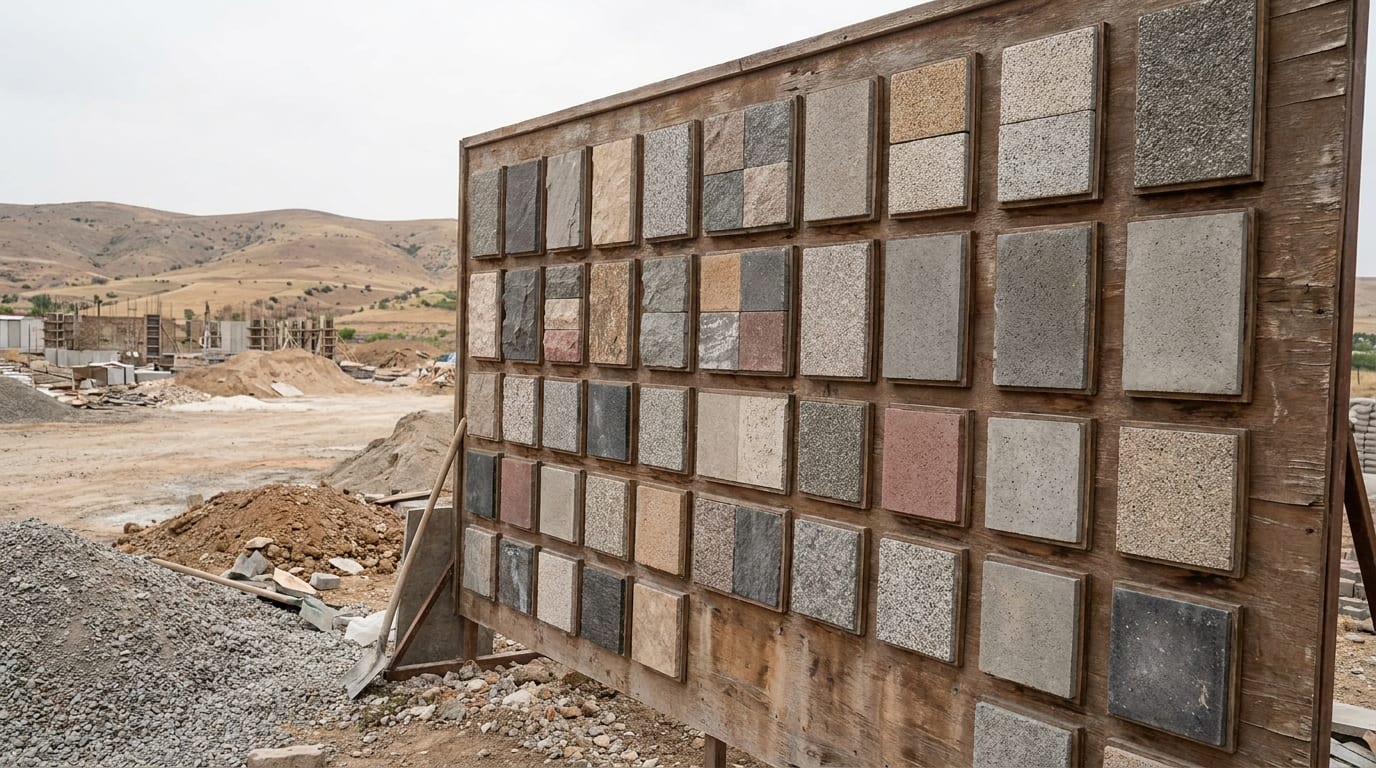 Kare ızgara halinde panoya sabitlenmiş parke numuneleri