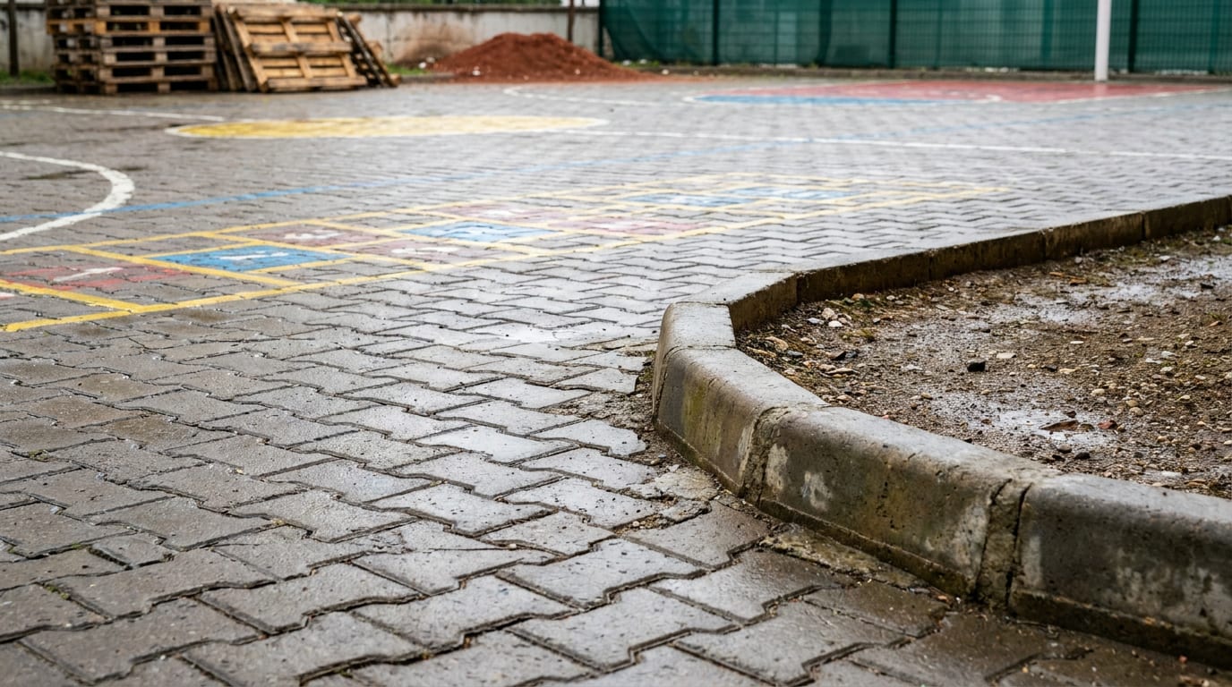 Dayanıklı parke taşıyla döşenmiş okul avlusu; boyalı oyun işaretleri ve bordürlü kenar