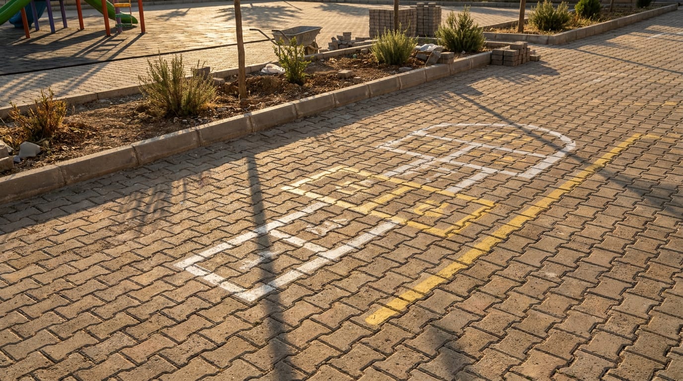 Dayanıklı parke taşıyla döşenmiş okul bahçesi; boyalı oyun çizgileri ve bordürlü şerit