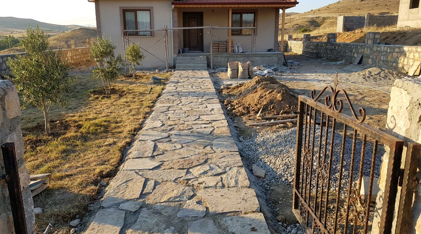Sokak kapısından giriş kapısına uzanan parke yol; iki yanı çim