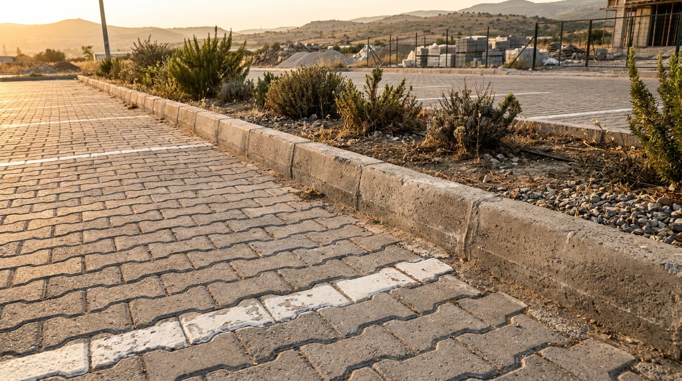 Kilit taşı döşeli otopark; boyalı park çizgileri, bordürlü adalar ve bitki şeridi