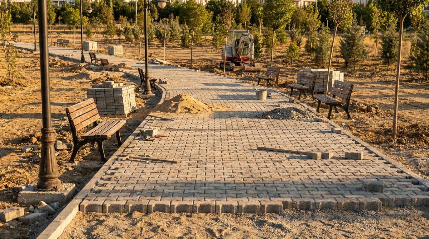 Bankların ve aydınlatma direklerinin yanından kıvrılan parke taşı park yolu