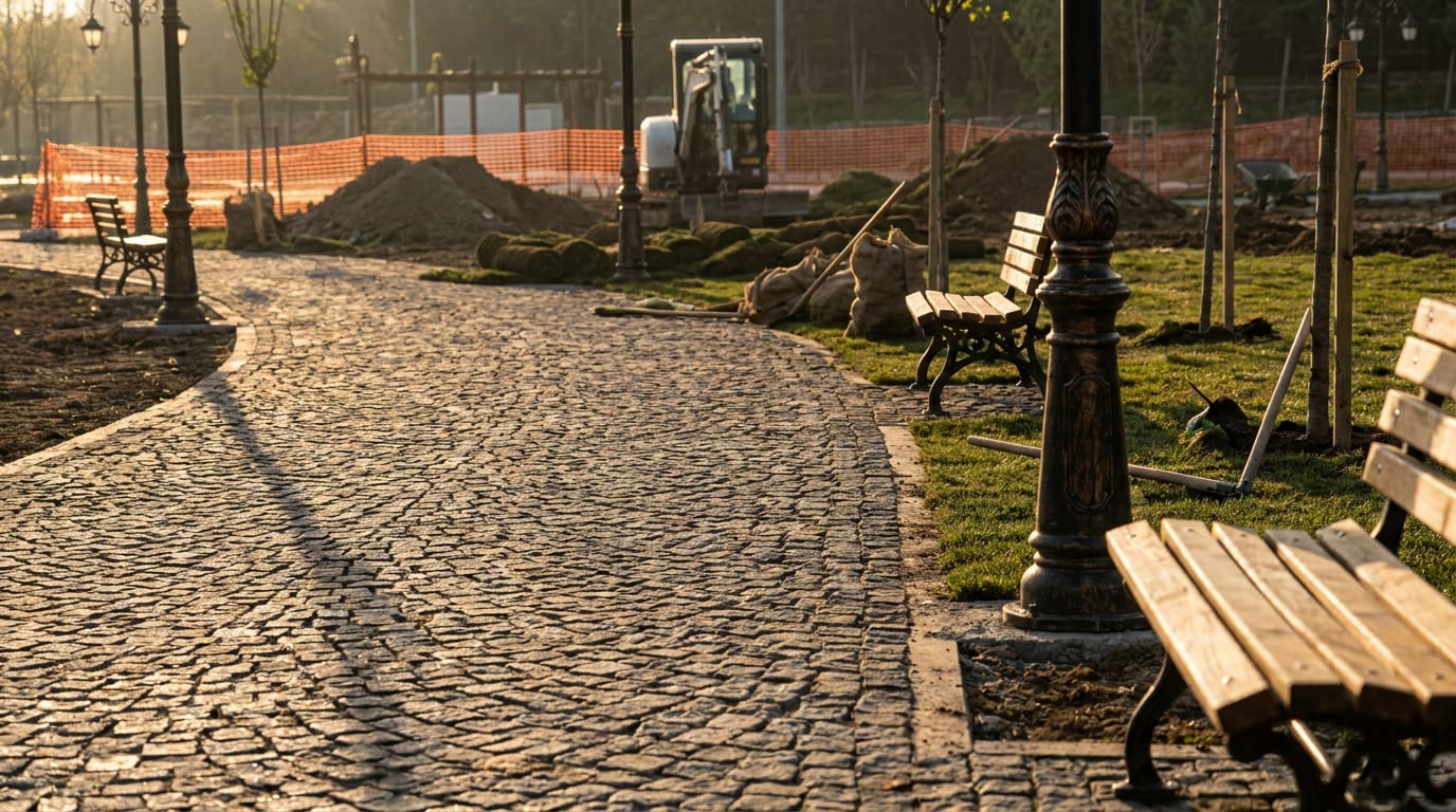 Bankların ve aydınlatma direklerinin yanından kıvrılan parke taşı park yolu