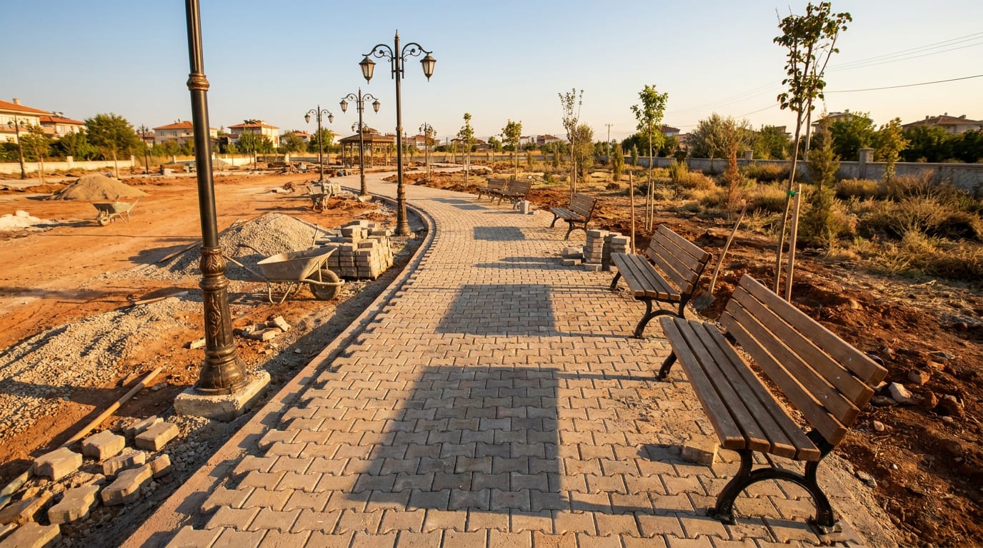 Bankların ve aydınlatma direklerinin yanından kıvrılan parke taşı park yolu