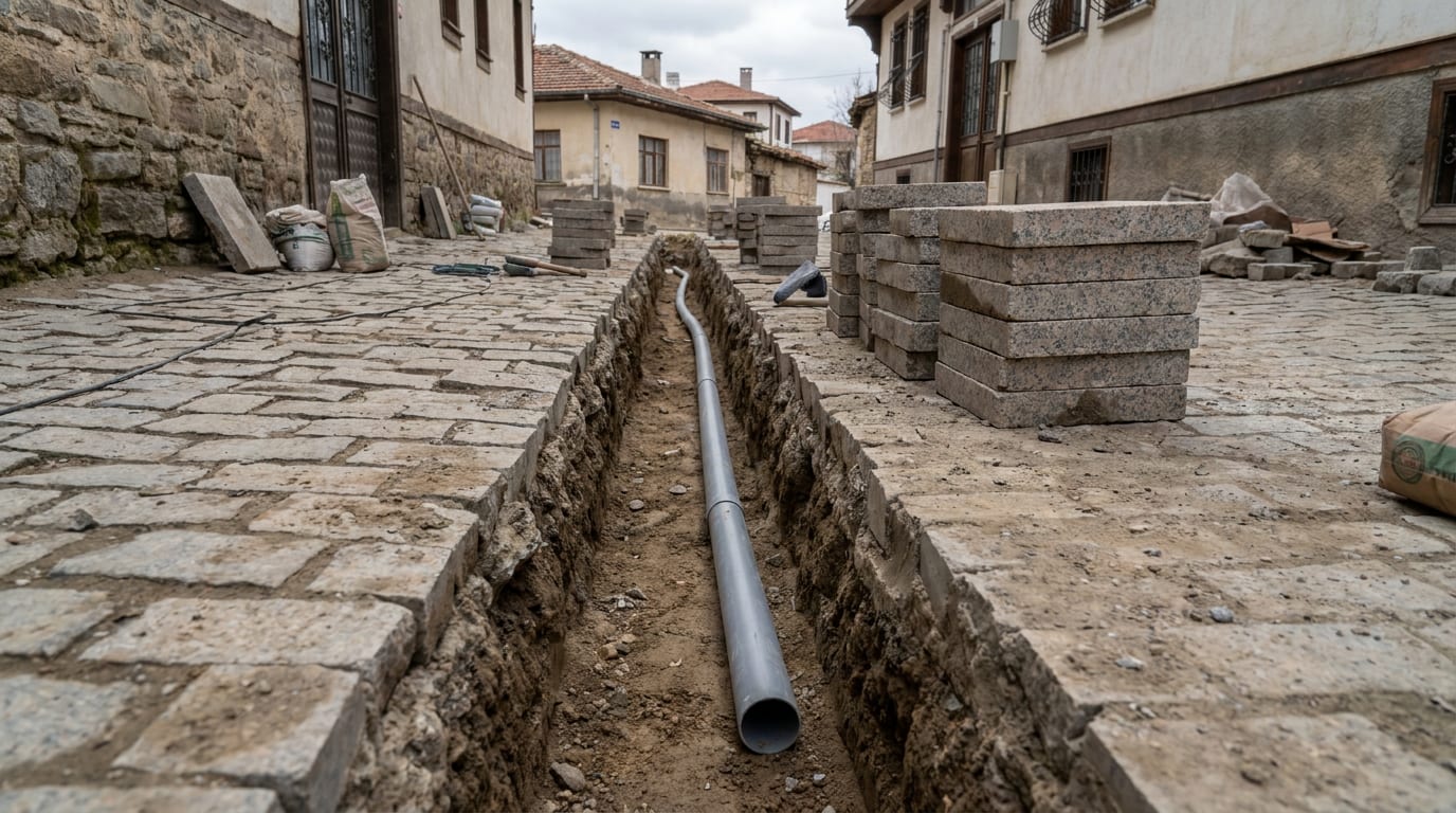 Parke yüzeyi kesilerek açılmış dar altyapı hendeği; tabanda boru, kenarda sökülen taşlar