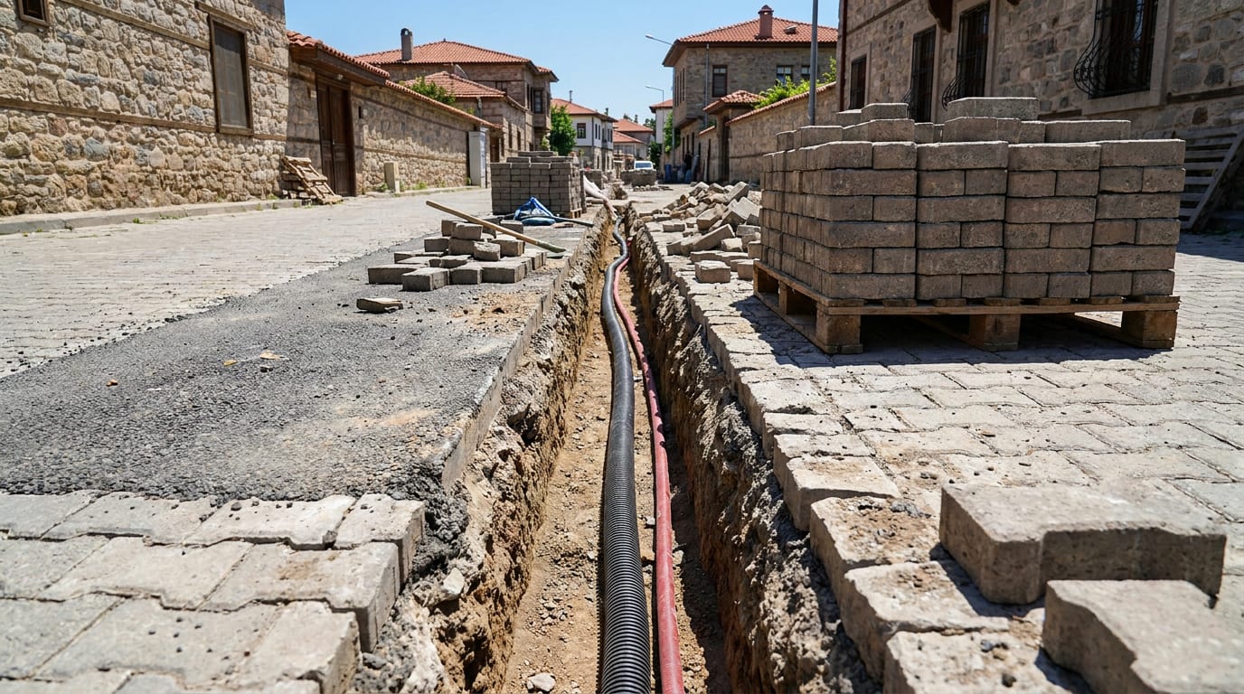 Parke yüzeyi kesilerek açılmış dar altyapı hendeği; tabanda boru, kenarda sökülen taşlar