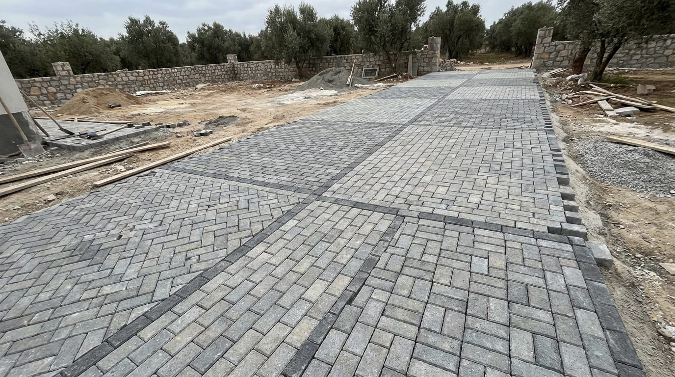 Aynı avluda buluşan döşeme desenleri: balıksırtı, düz sıra ve sepet örgü