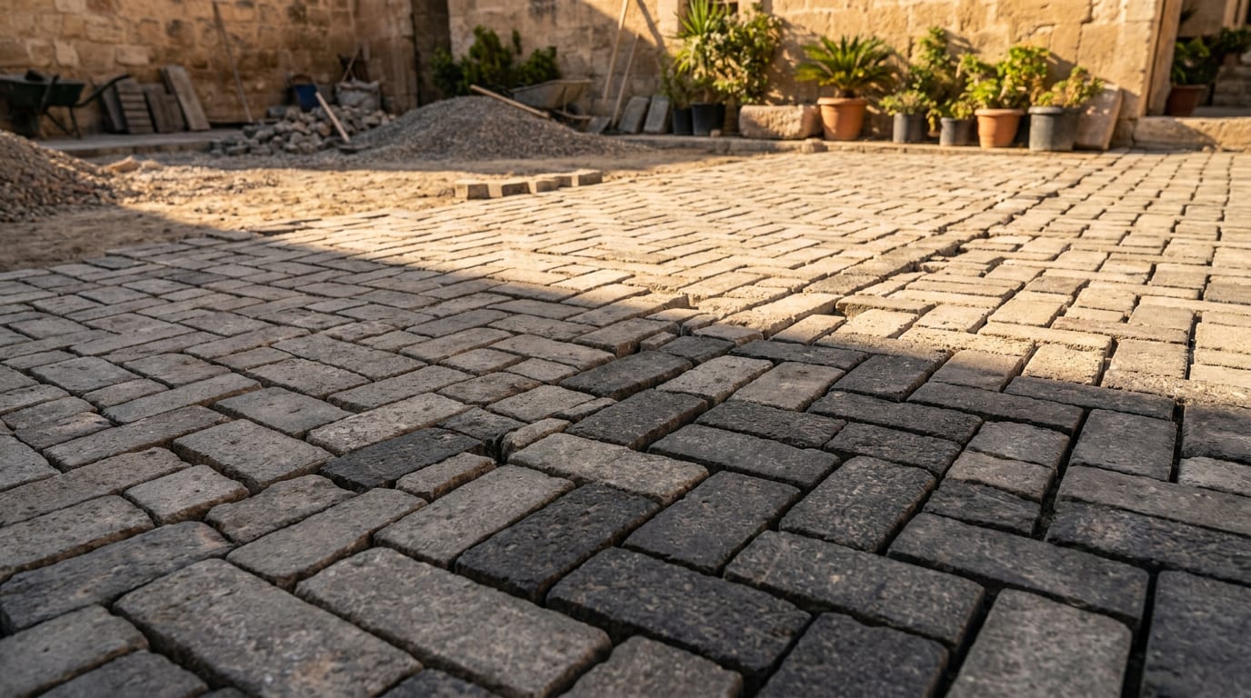 Aynı avluda buluşan döşeme desenleri: balıksırtı, düz sıra ve sepet örgü
