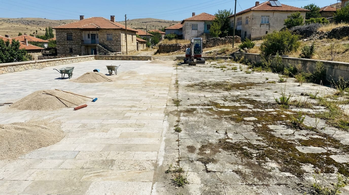 Yenileme sırasındaki eski parke alan; yarısı temizlenip derzlenmiş, yarısı lekeli