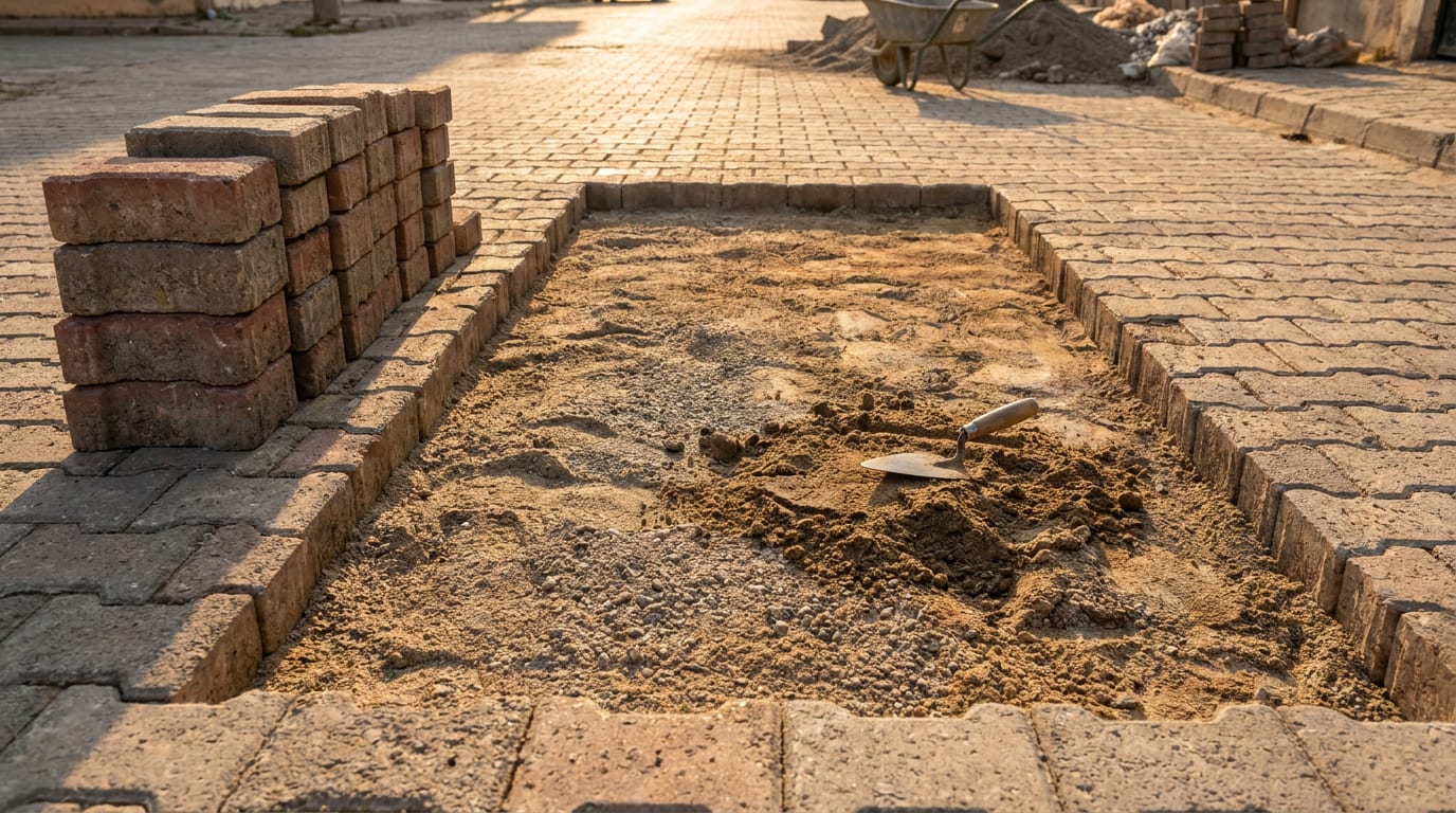 Onarım için kaldırılmış parke bölümü; taşlar yana istiflenmiş, yatak katmanı açıkta