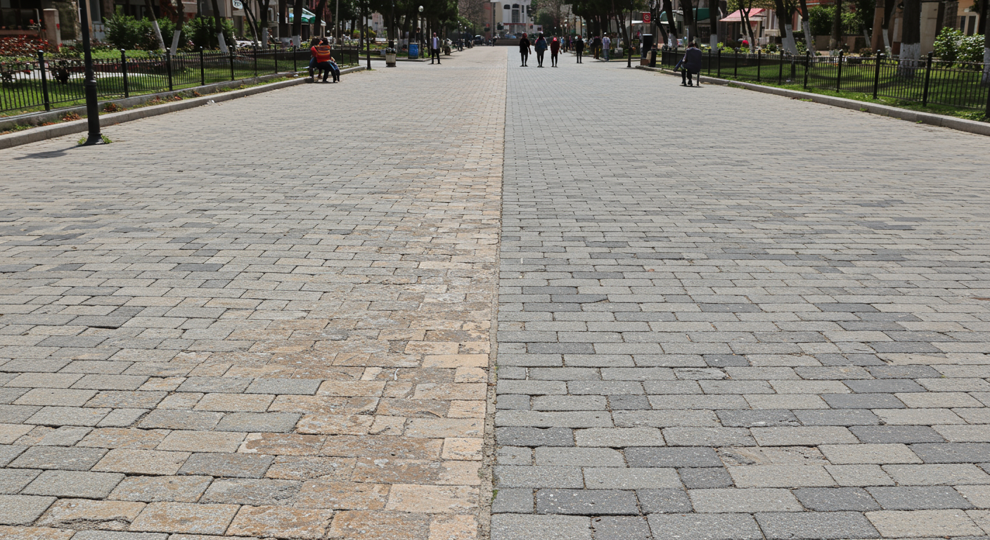 UV etkisiyle solmuş ve yeni parke taşının karşılaştırması
