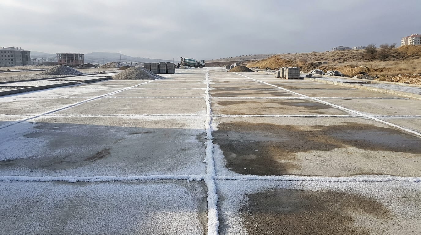 Sabah donunda parke taşı yüzeyi; derzlerde kırağı, güneş gören yerlerde çözülme