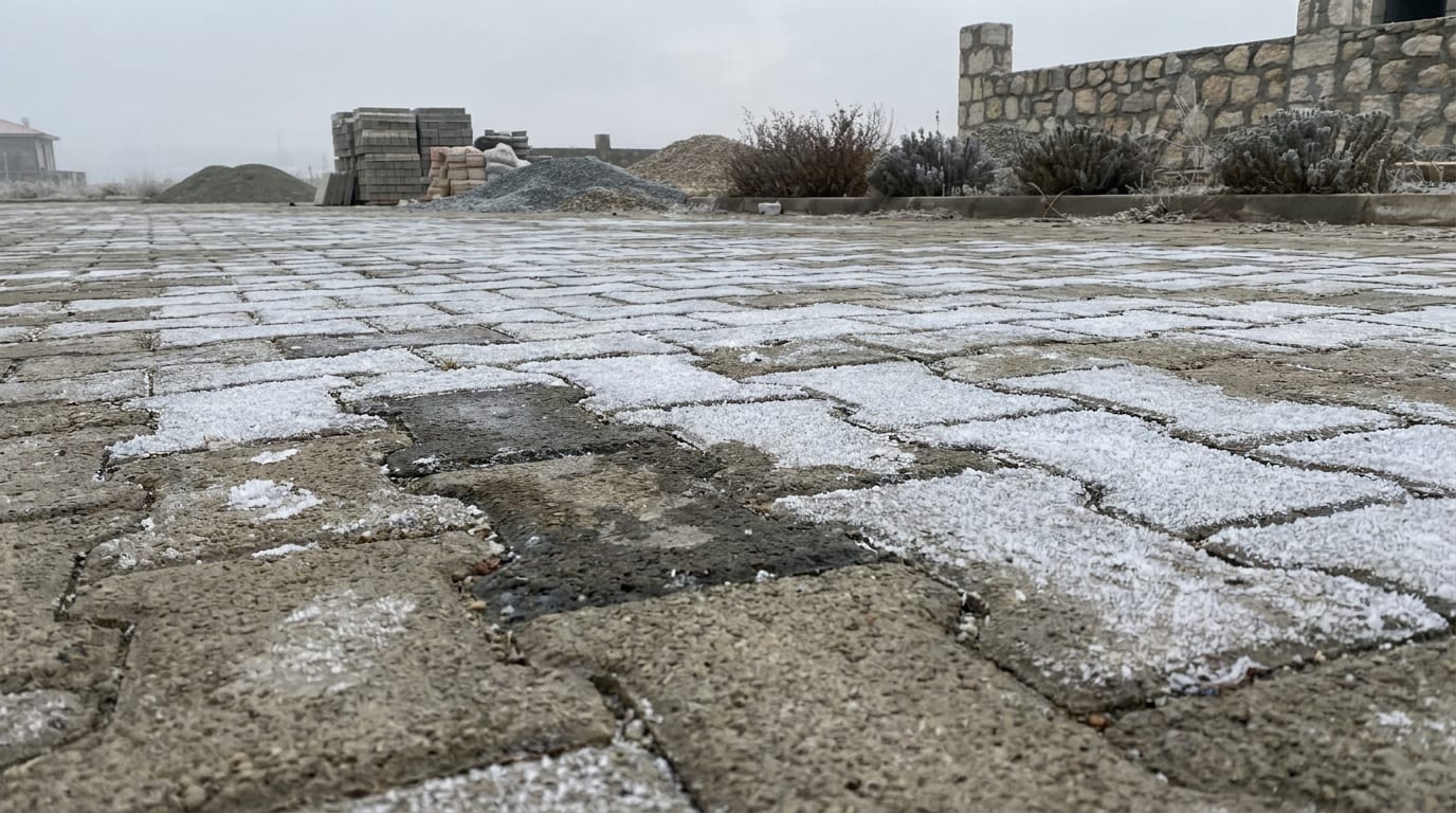 Sabah donunda parke taşı yüzeyi; derzlerde kırağı, güneş gören yerlerde çözülme